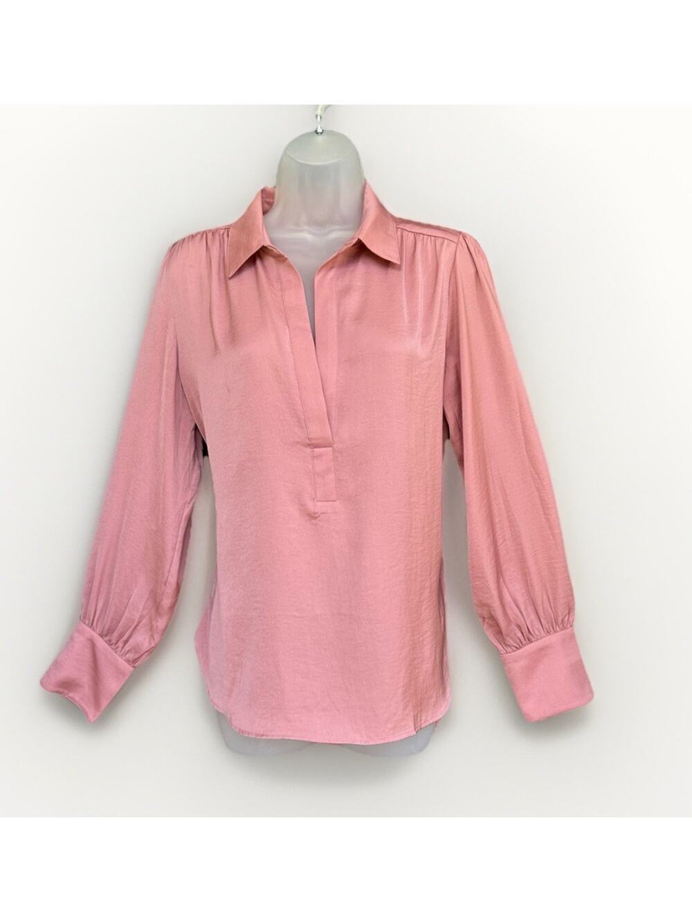 Banana Republic Pink Satin Blouse Size Med V-Neck Pleated Puff Long Sleeve Top